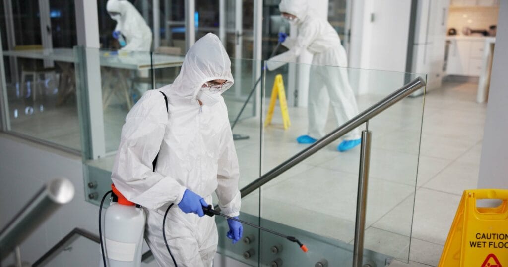 Person in protective suit spraying chemicals in an office for fumigation and disinfection, ensuring safety from disease.